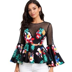 Floral Colorful Mesh Peplum Top